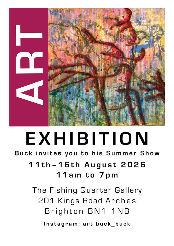 Exhibition flyer for Buck's Summer Show, featuring the painting Swimming, at The Fishing Quarter Gallery, Brighton